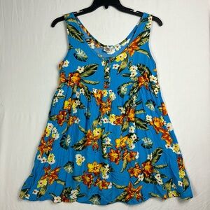 Makai Beach Blue Orange Floral Hawaiian Babydoll Dress MEDIUM beach pool travel
